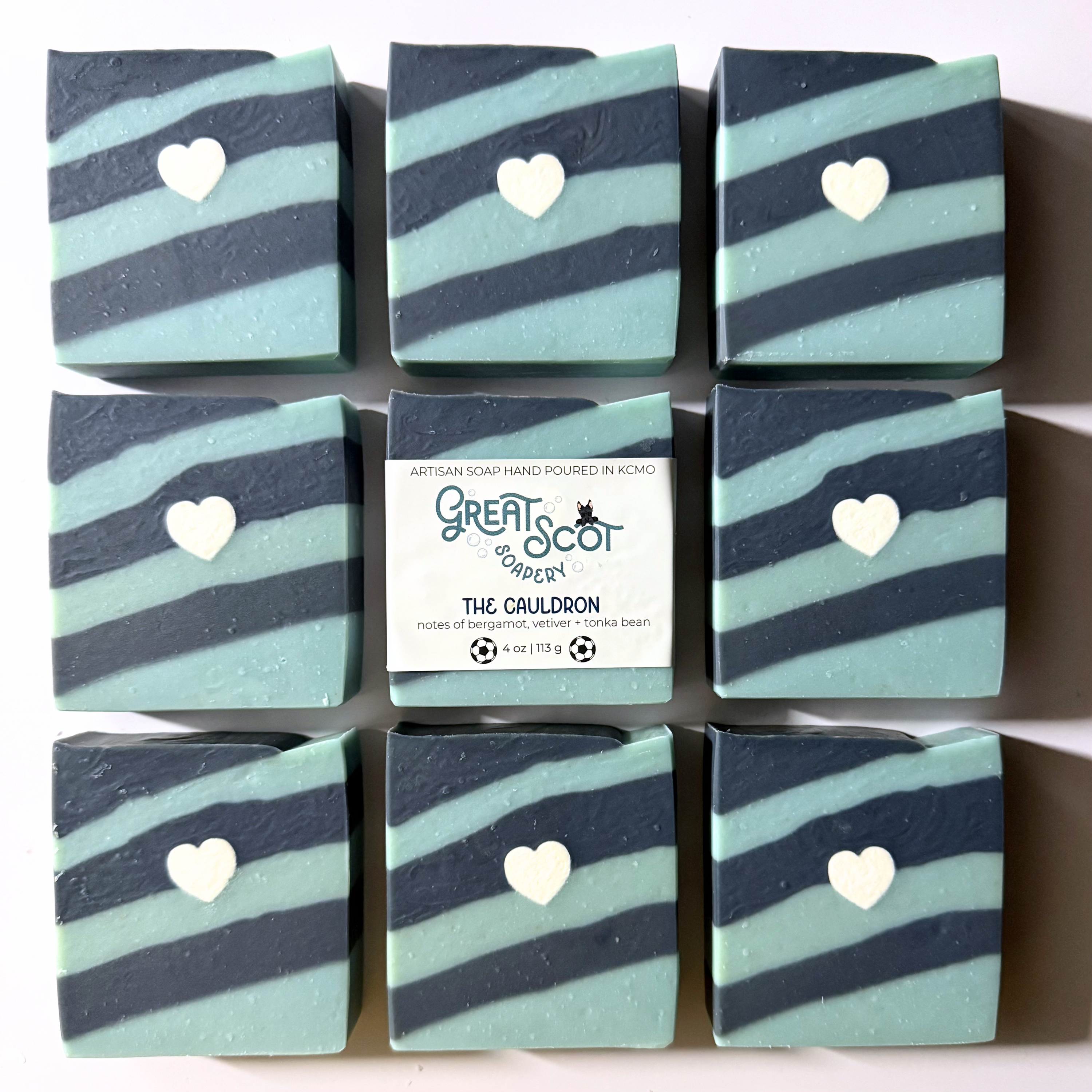 Striped soap bars with heart designs and 'Great Scot Soap Company' label.