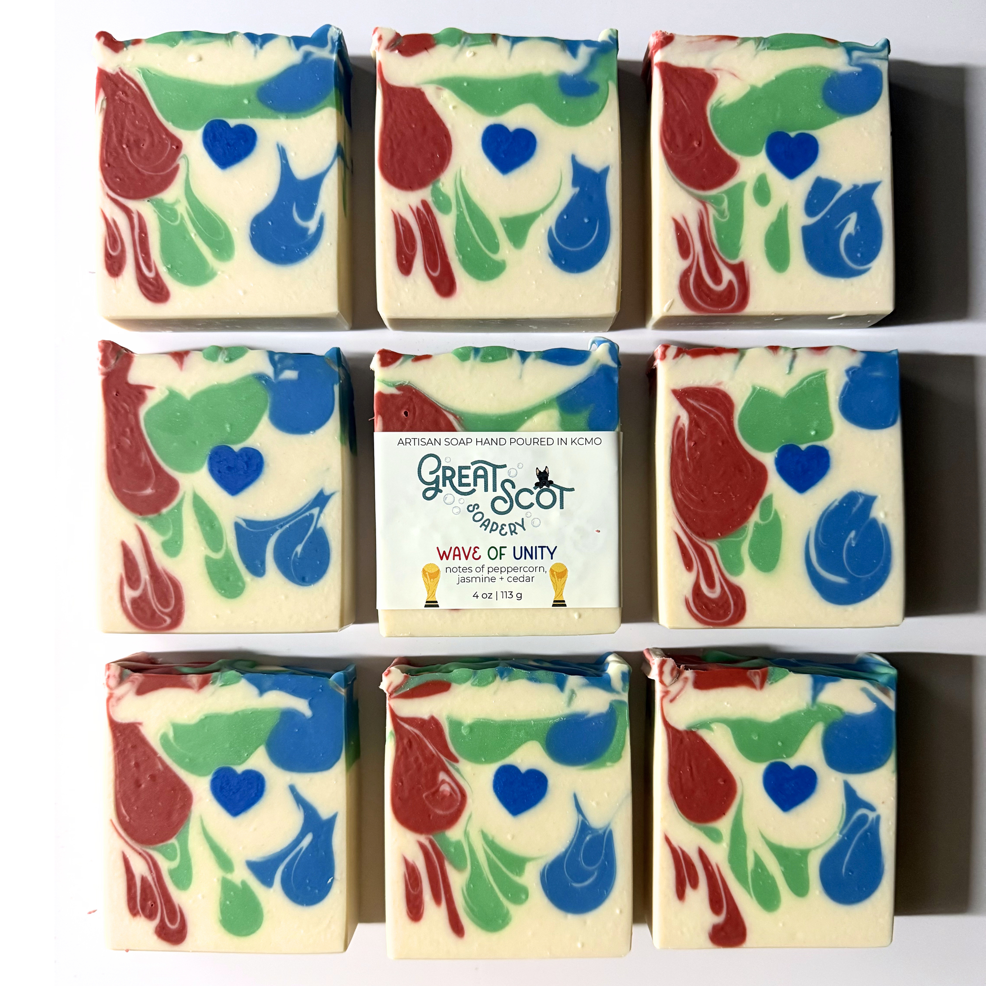 Colorful soap bars with a 'Great Scot Soapery' label on a white background