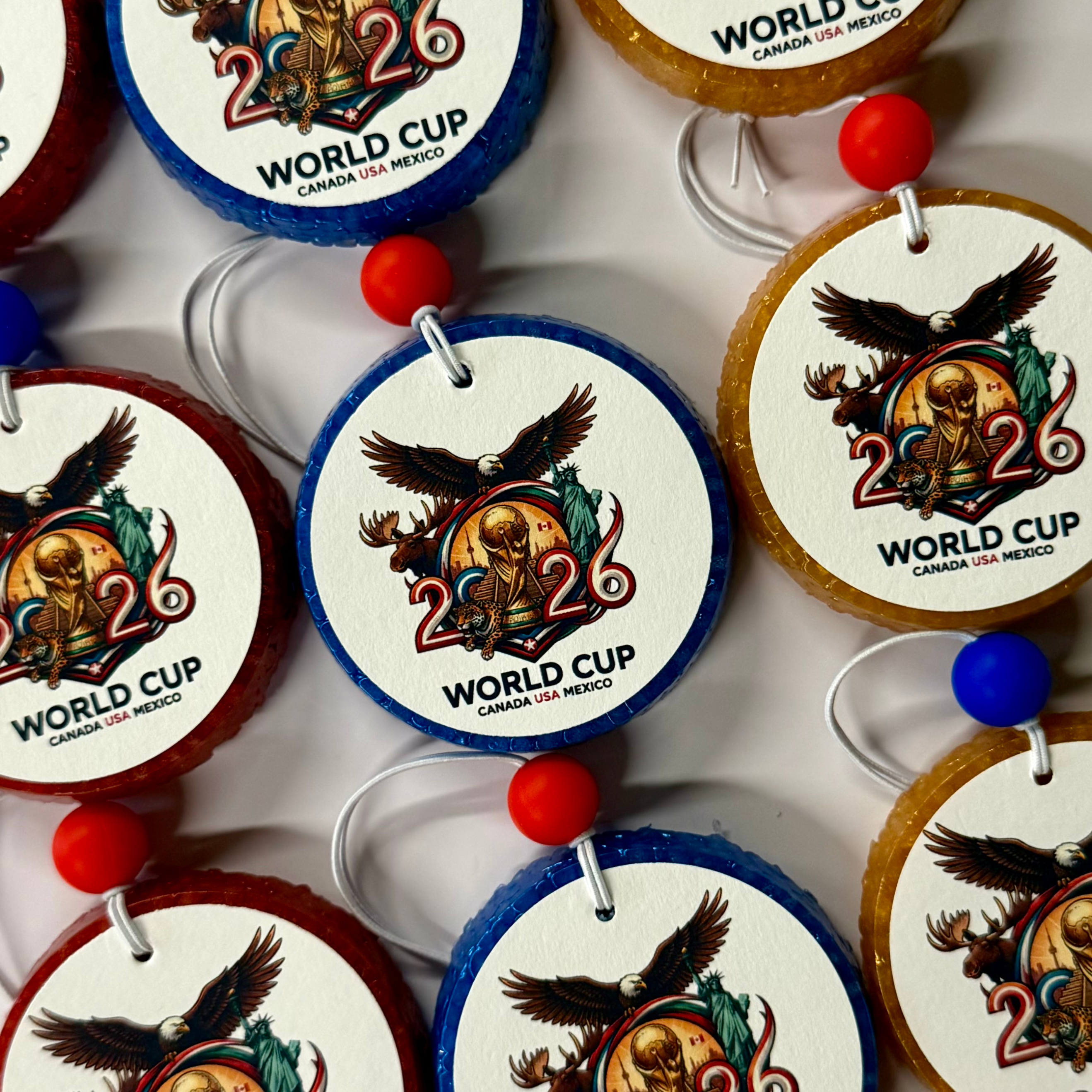 Decorative items with '2026 World Cup' design featuring an eagle and colorful elements.