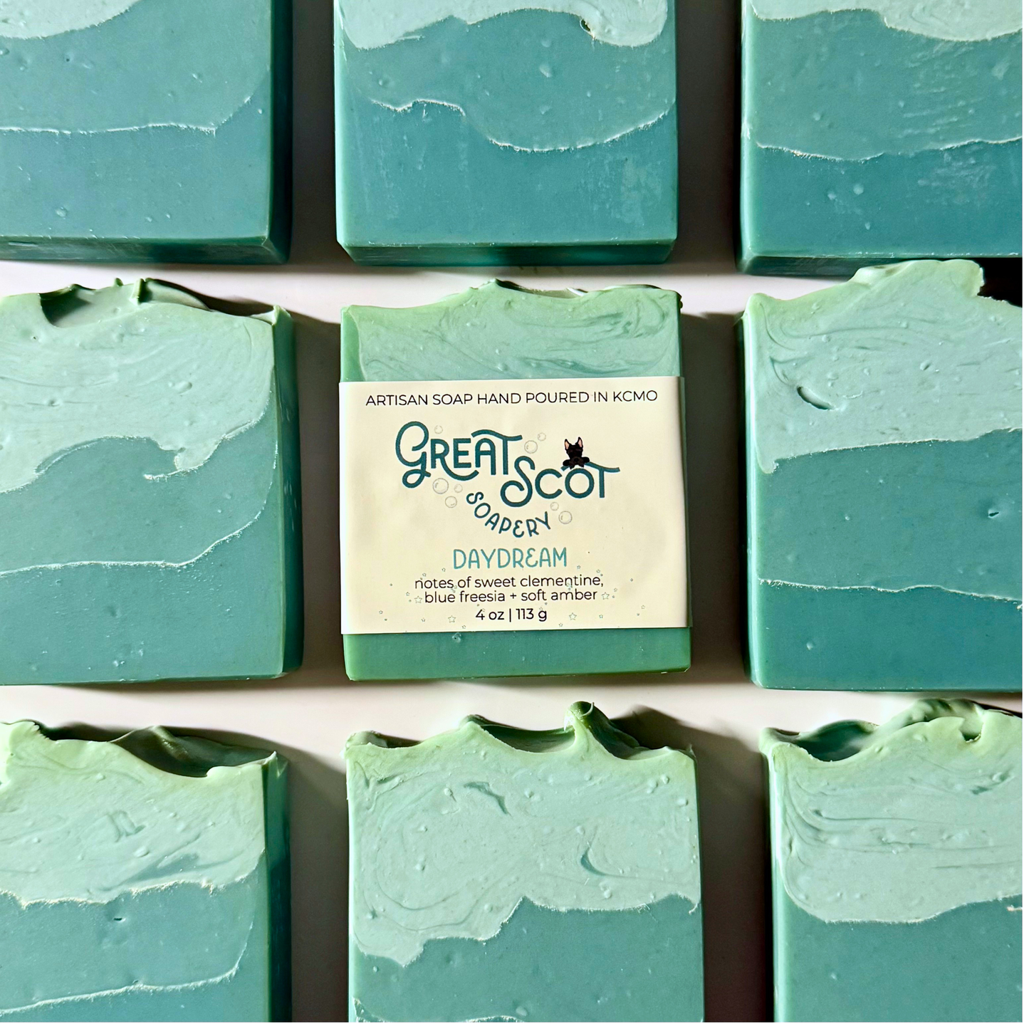 Green soap bars with a 'Great Scot Soapery' label on a white background