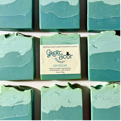 Green soap bars with a 'Great Scot Soapery' label on a white background