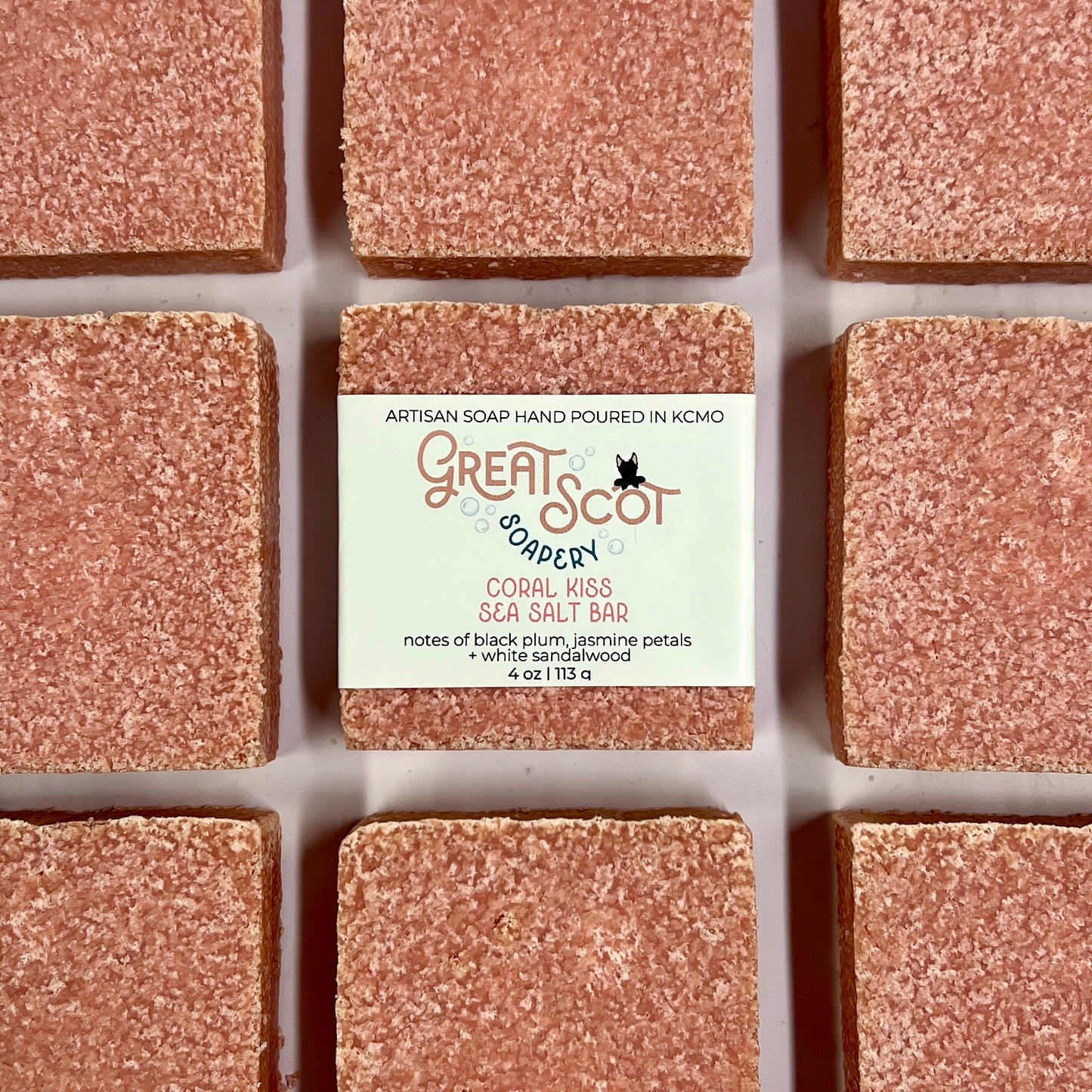 Grid of pinkish soap bars with a 'Great Scot Soaps' label in the center.