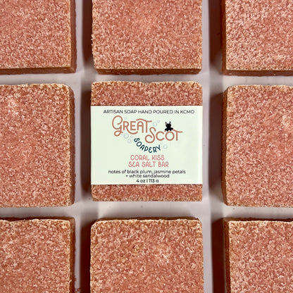 Grid of pinkish soap bars with a 'Great Scot Soaps' label in the center.