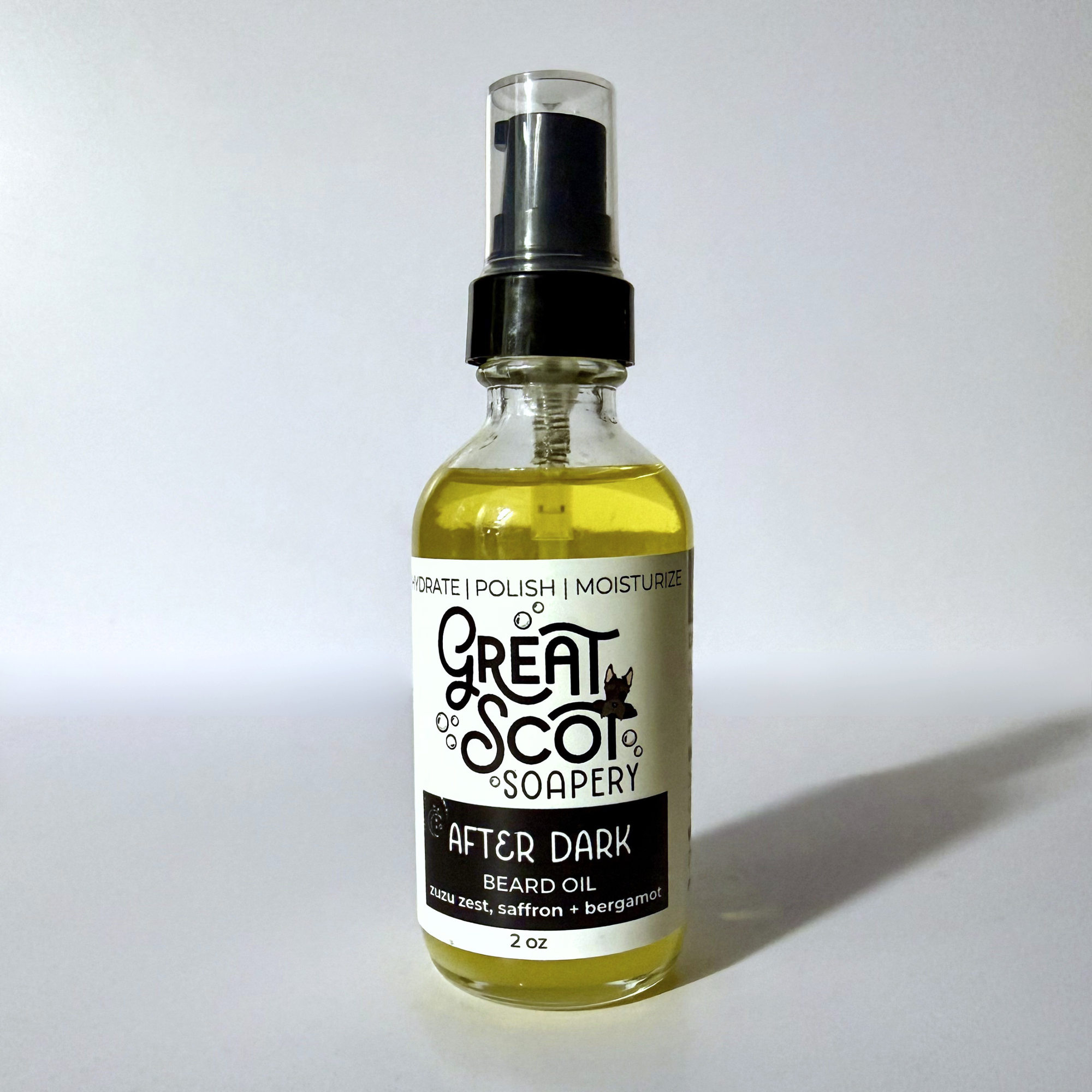 Bottle of 'After Dark' beard oil from Great Scot Soapery on a white background