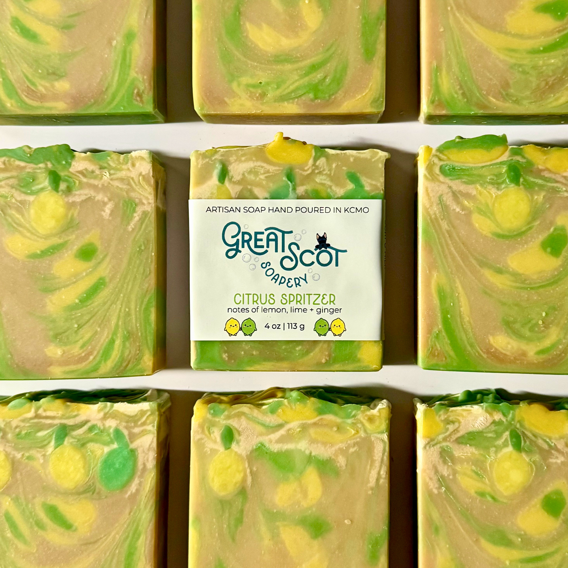 Green and yellow swirled soap bars with a 'Great Scot Soapery' label.