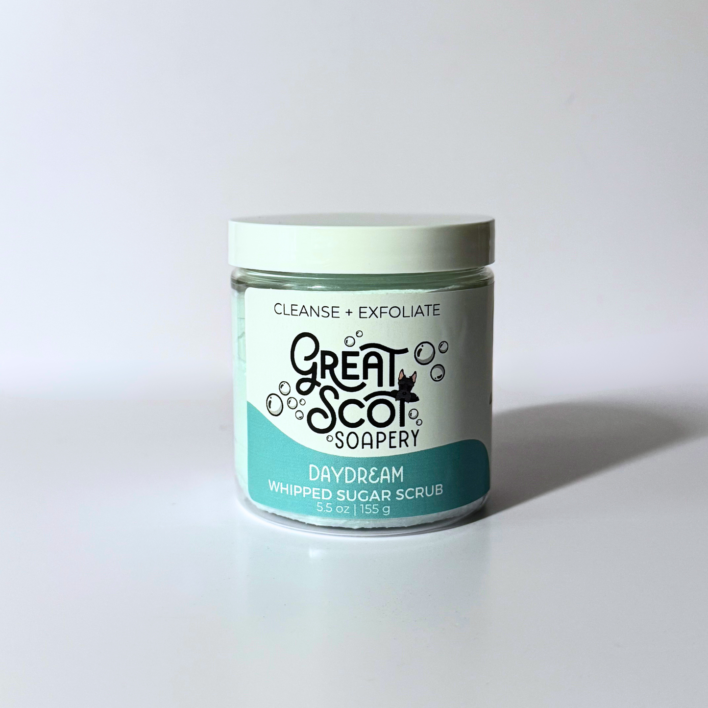 Jar of 'Daydream' whipped sugar scrub from Great Scot Soapery on a white background