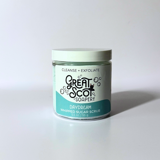 Jar of 'Daydream' whipped sugar scrub from Great Scot Soapery on a white background