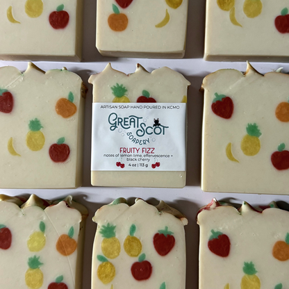 Artisan soap with fruit designs and 'Great Scot Soap Company' branding.