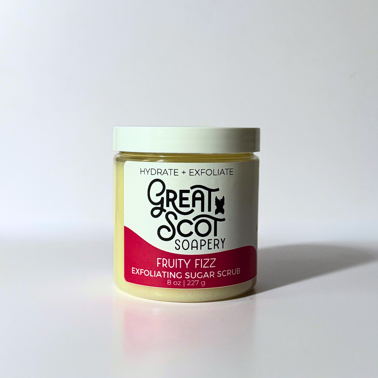 Jar of Great Scot Soapery Fruity Fizz Exfoliating Sugar Scrub on a white background