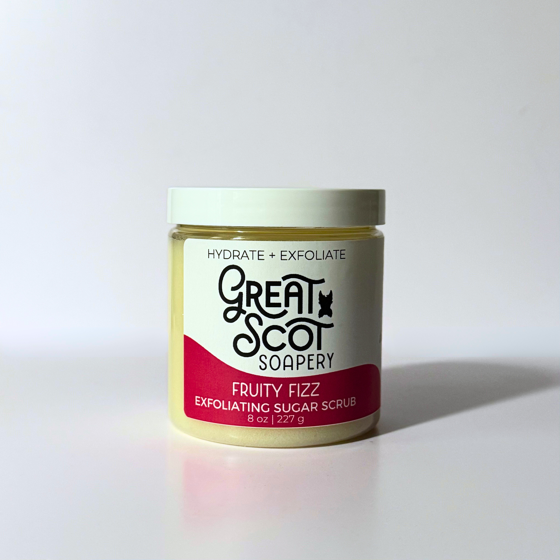 Jar of Great Scot Soapery Fruity Fizz Exfoliating Sugar Scrub on a white background