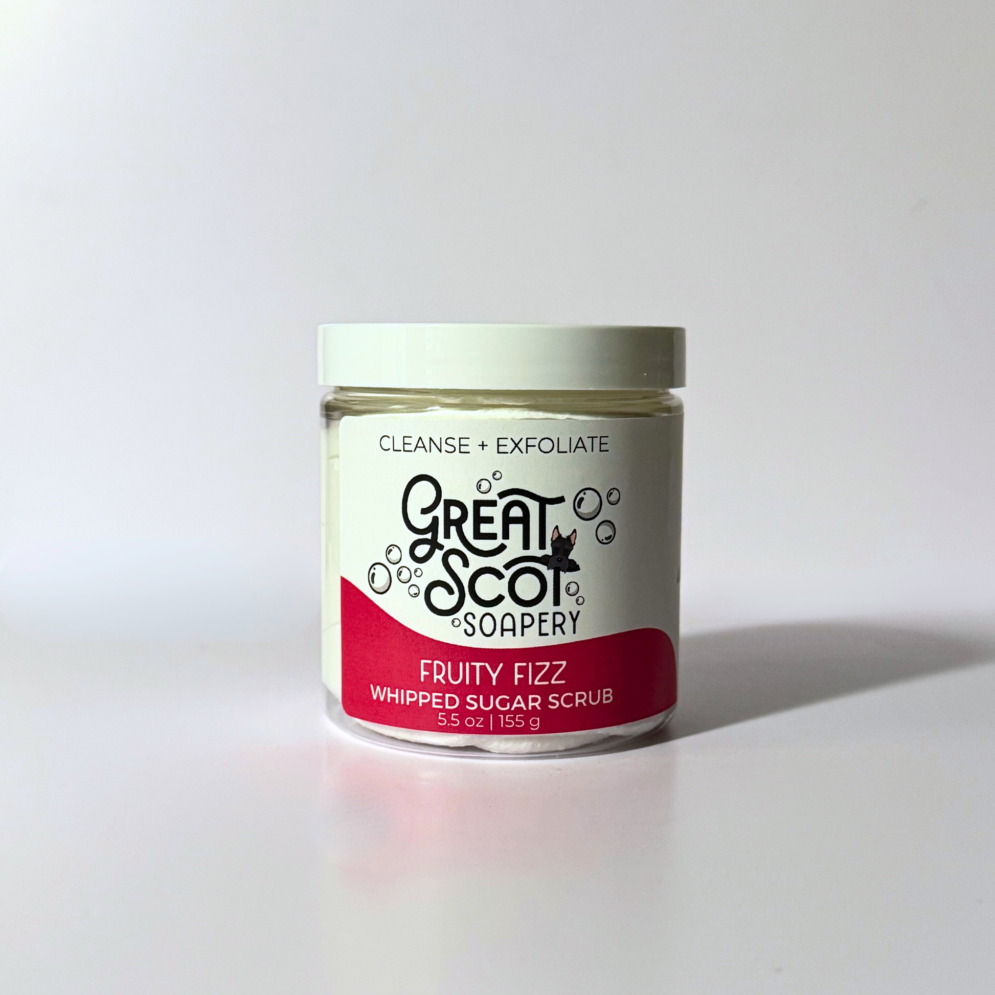 Jar of 'Fruity Fizz' whipped sugar scrub from Great Scot Soapery on a white background
