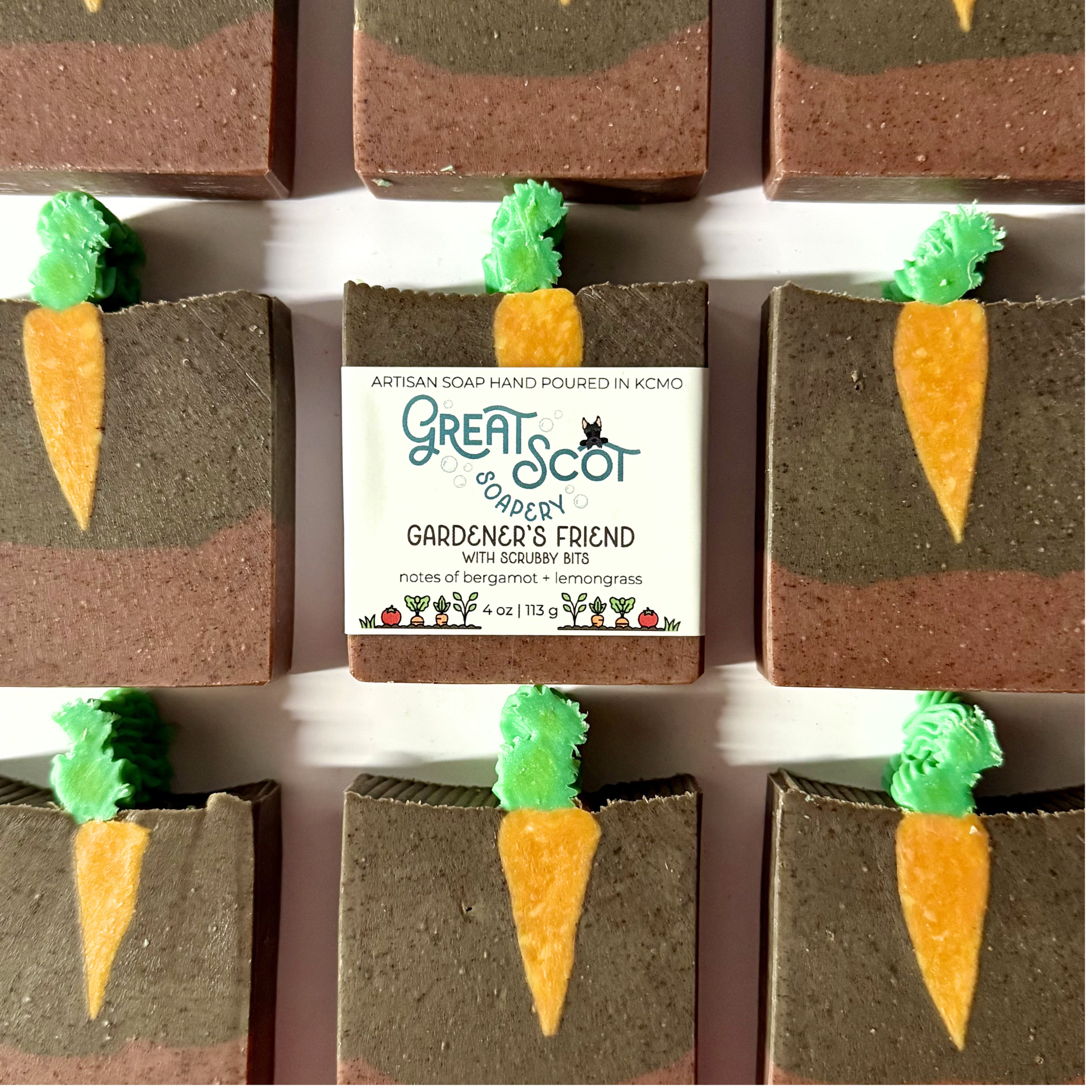 Soap with Carrot in dirt with label