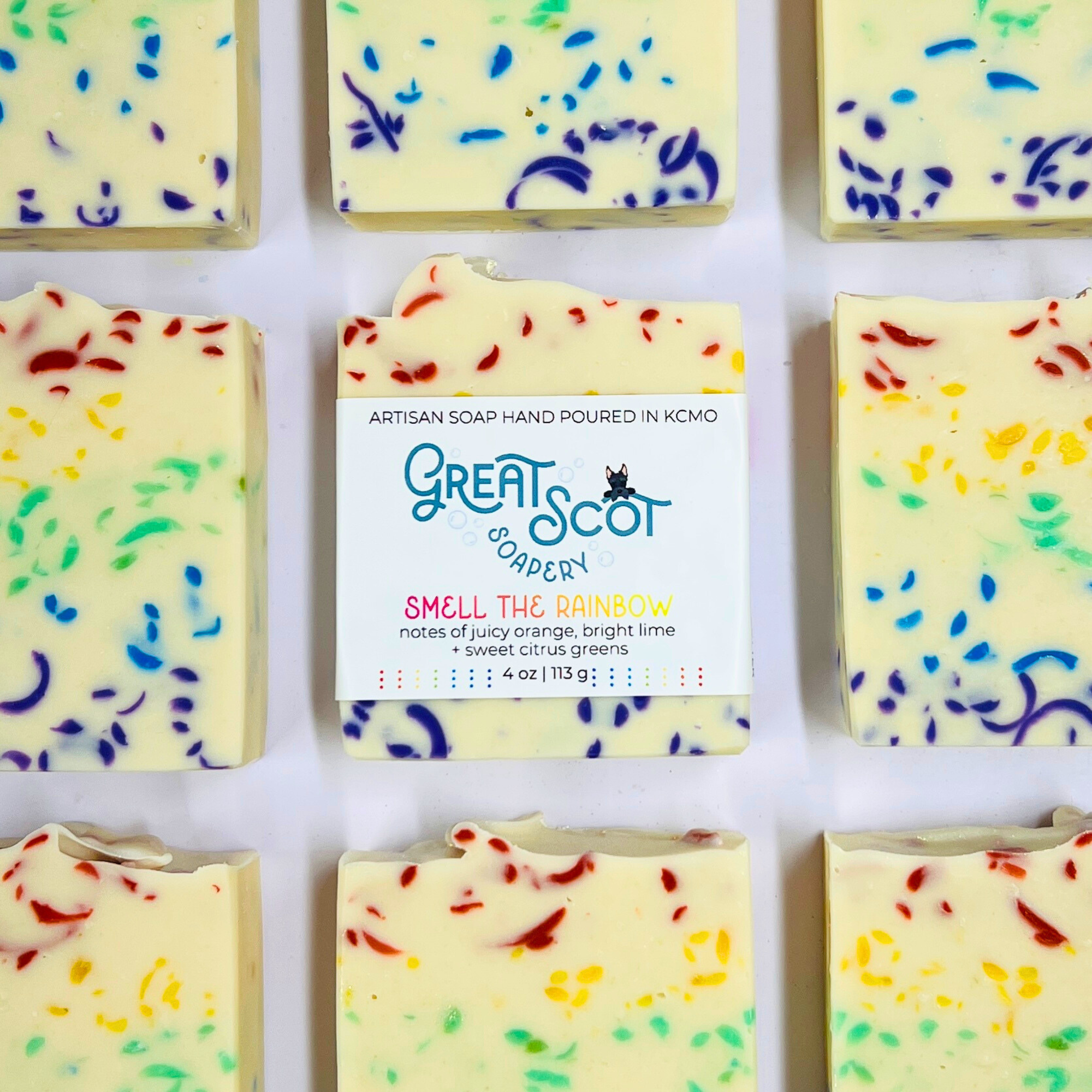 Colorful speckled soap bars with a 'Great Scot Soapery' label on a white background
