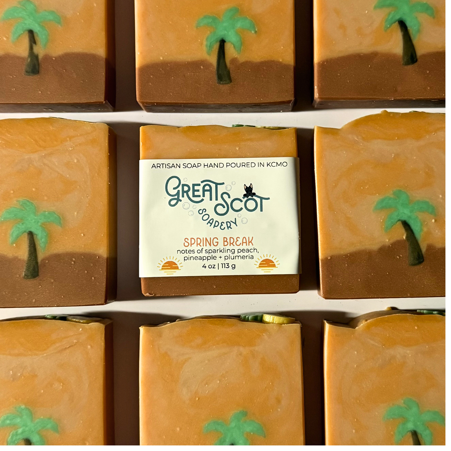 Bar of soap with a palm tree design and 'Great Scot Soapery' label.