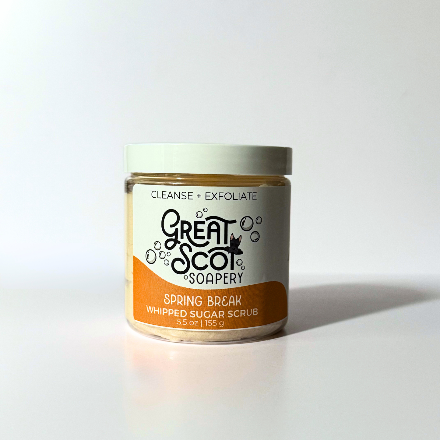 Jar of 'Spring Break' whipped sugar scrub from Great Scoi Soapery on a white background