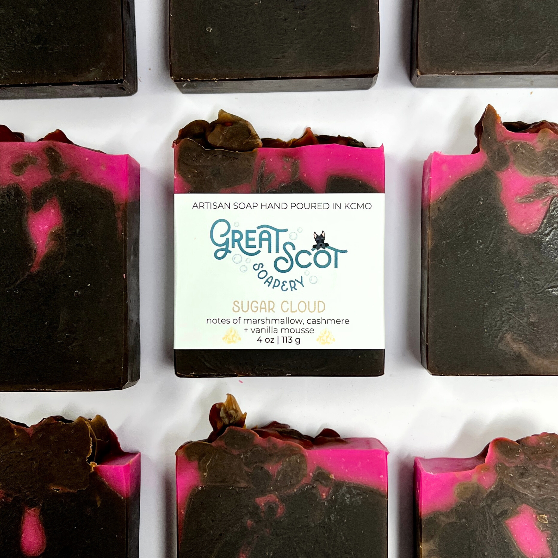 Artisan soap bars with a 'Great Scot Soapery' label on a white background