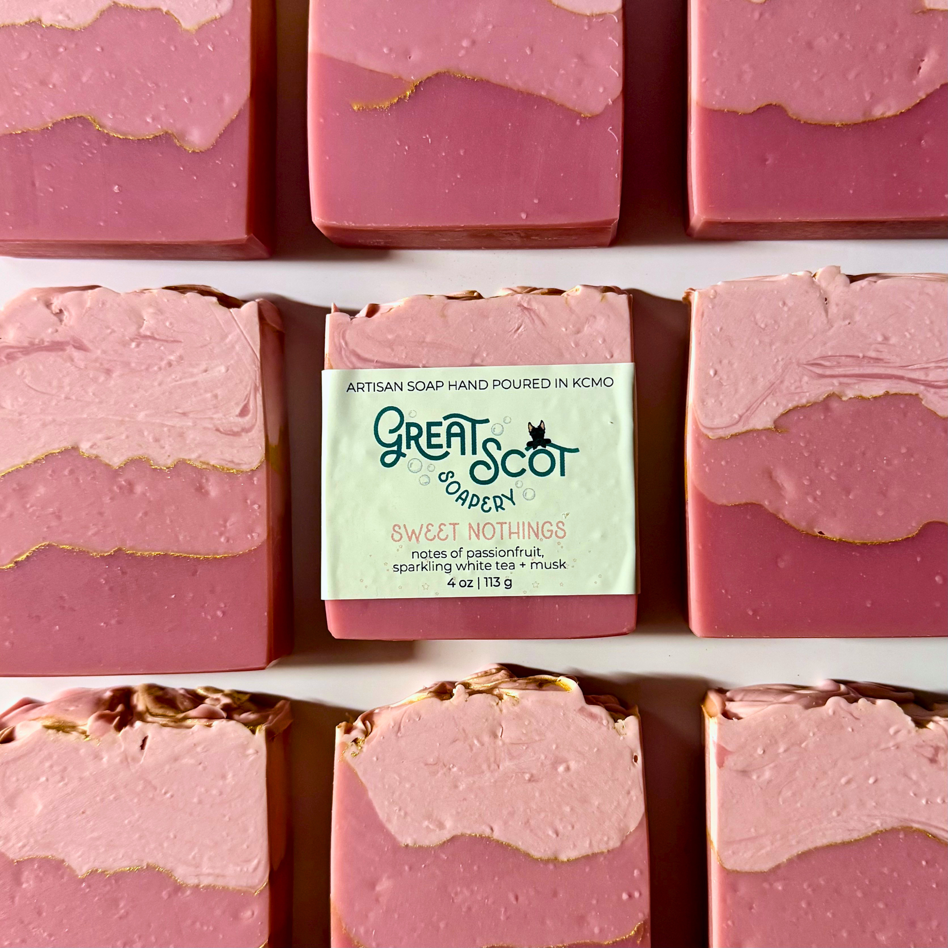 Pink soap bars with a 'Great Scot' soap bar in the center