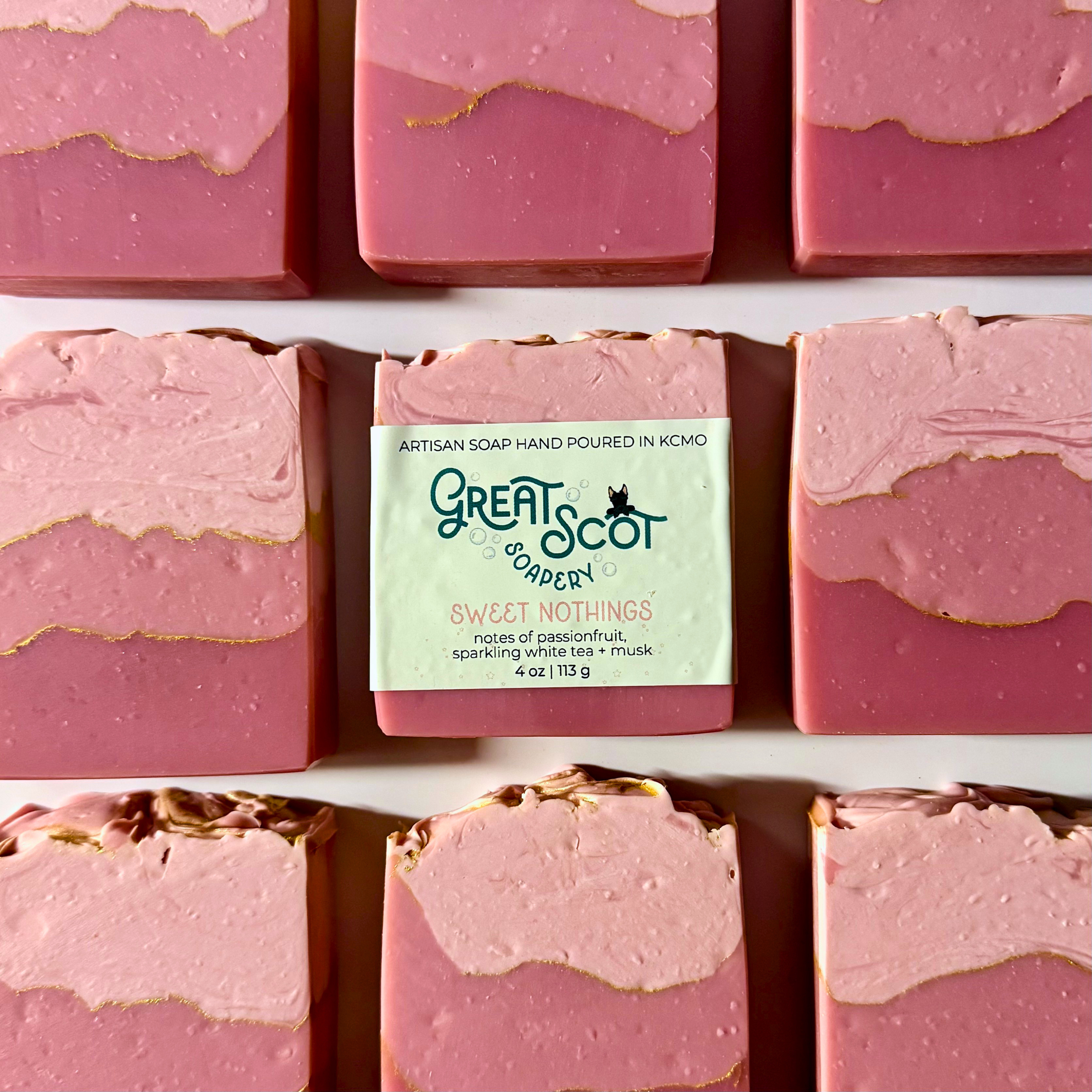 Pink soap bars with a 'Great Scot' soap bar in the center