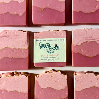 Pink soap bars with a 'Great Scot' soap bar in the center