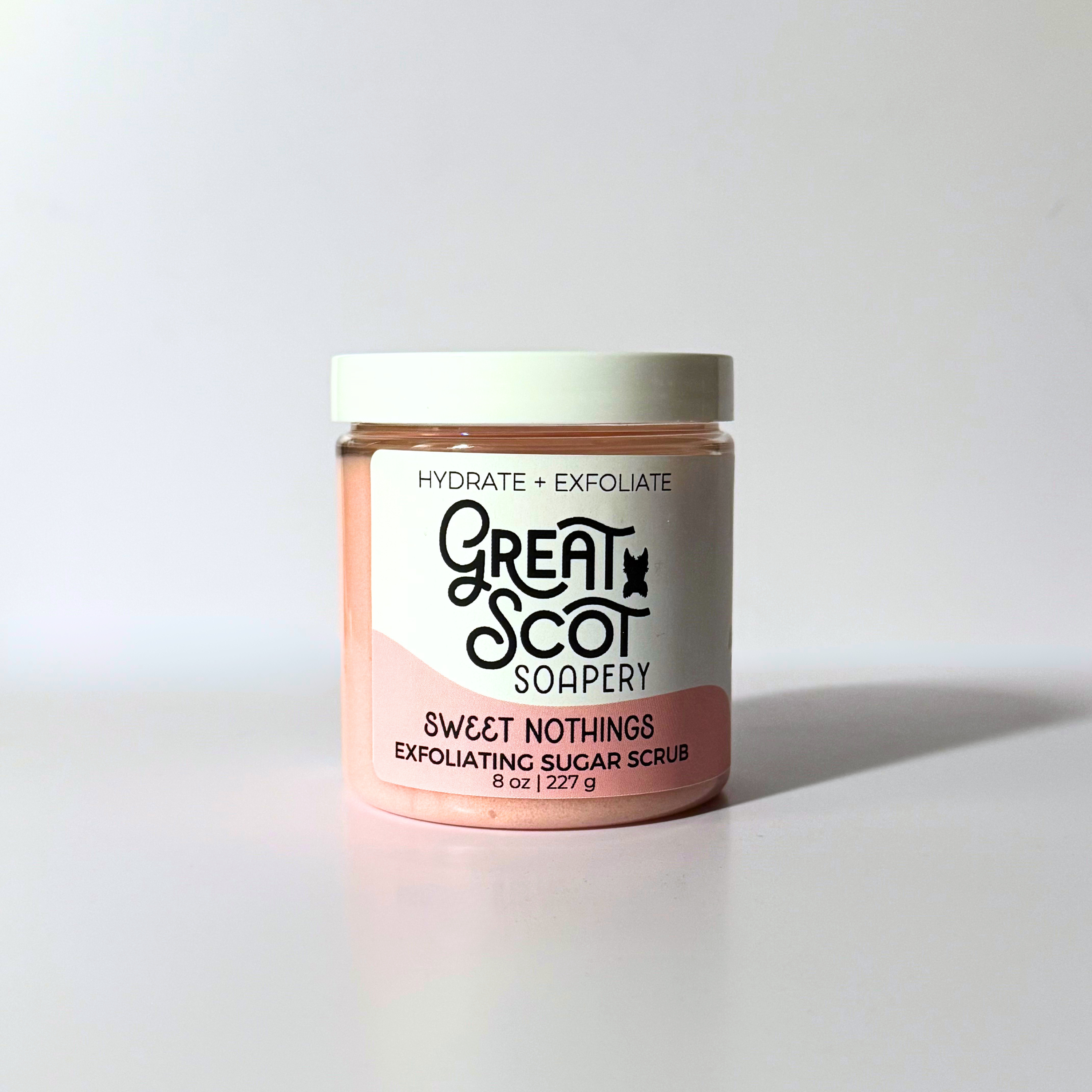 Jar of 'Sweet Nothings' exfoliating sugar scrub from Great Scot Soapery on a white background