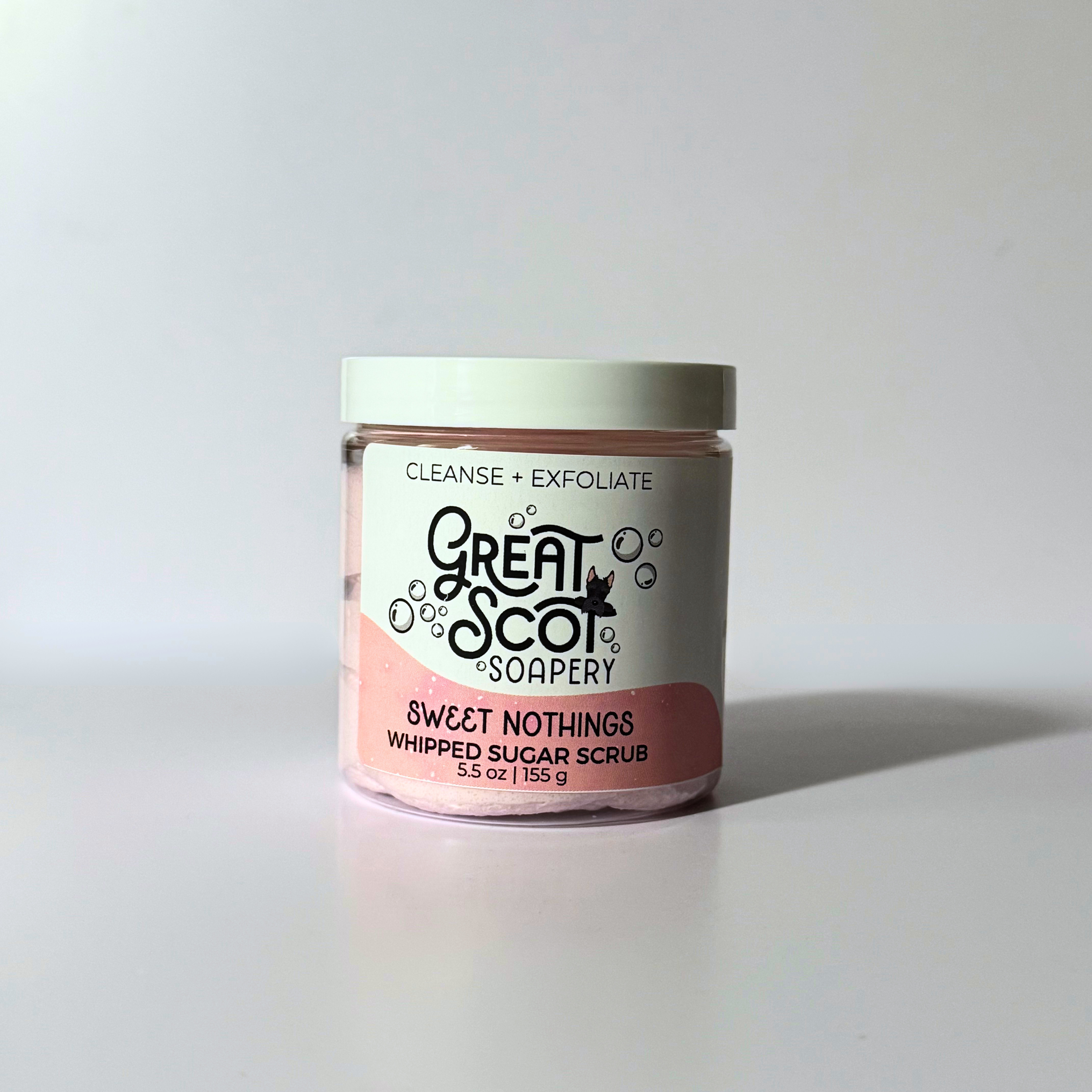 Jar of 'Sweet Nothings' whipped sugar scrub from Great Scot Soapery on a light background