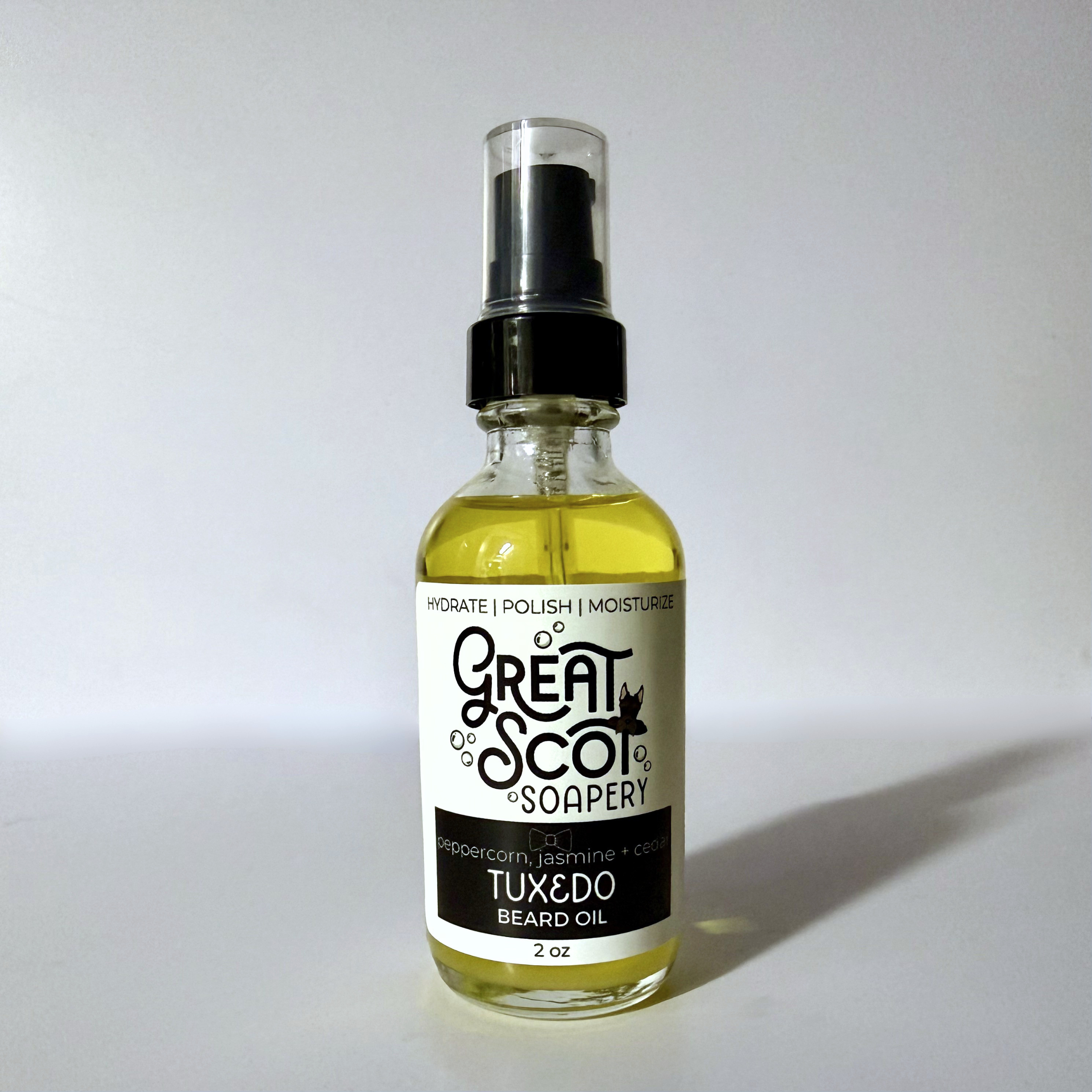 Bottle of Tuxedo Beard Oil from Great Scot Soapery on a white background