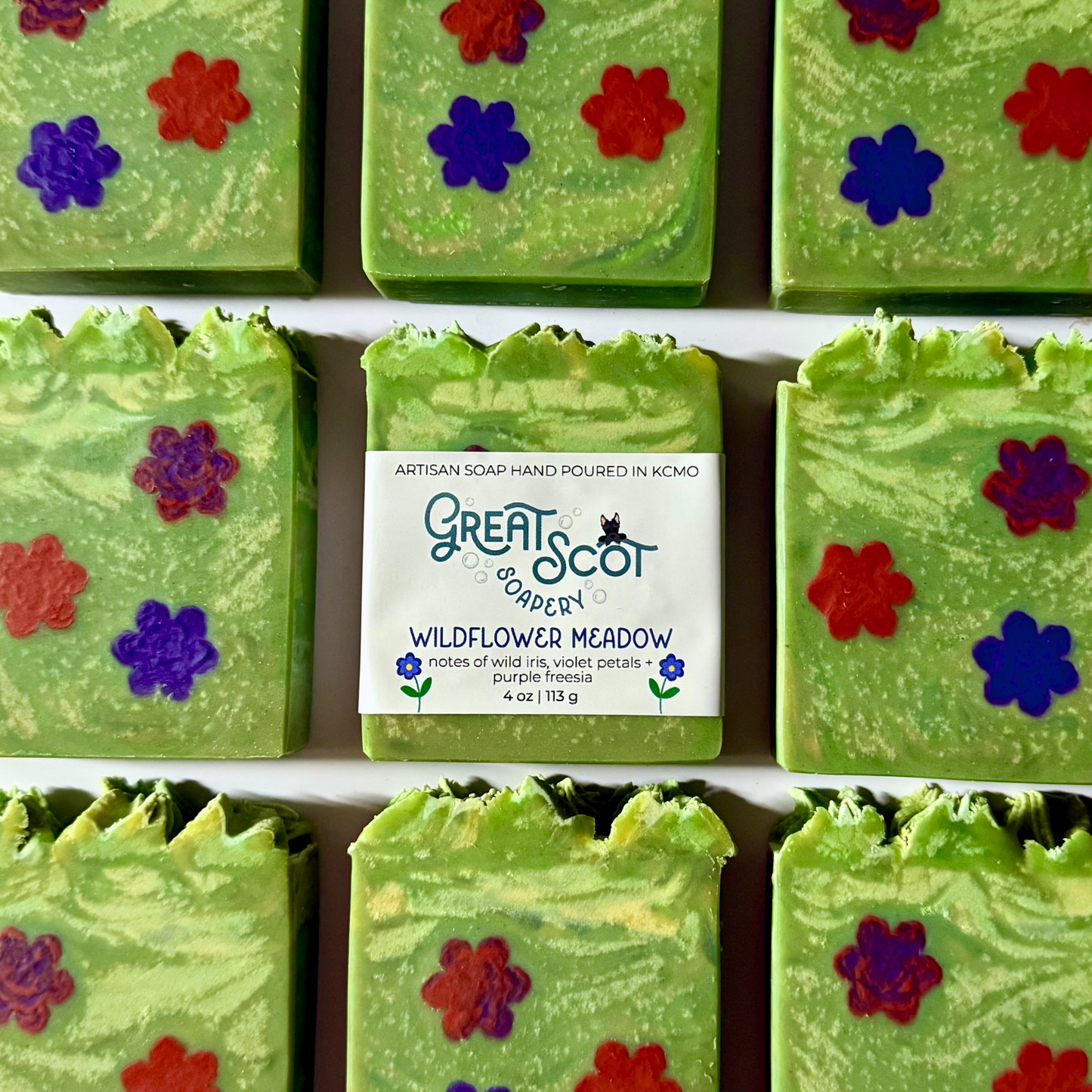 Green soap bars with flower designs arranged in a grid, featuring 'Great Scot Soaps' branding.