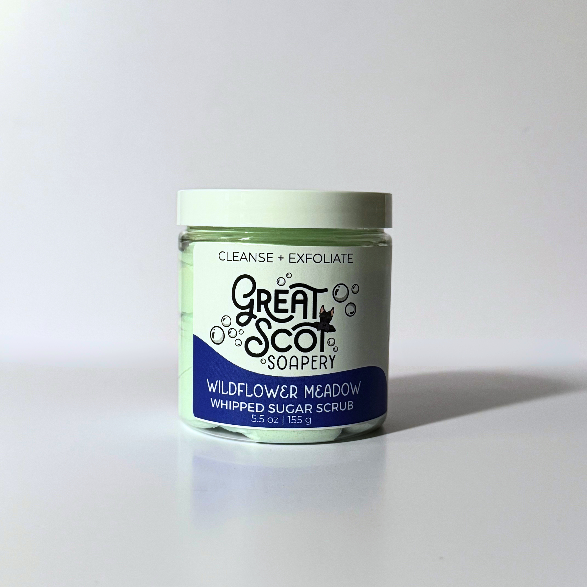 Jar of Great Scot Soapery Wildflower Meadow Whipped Sugar Scrub on a white background